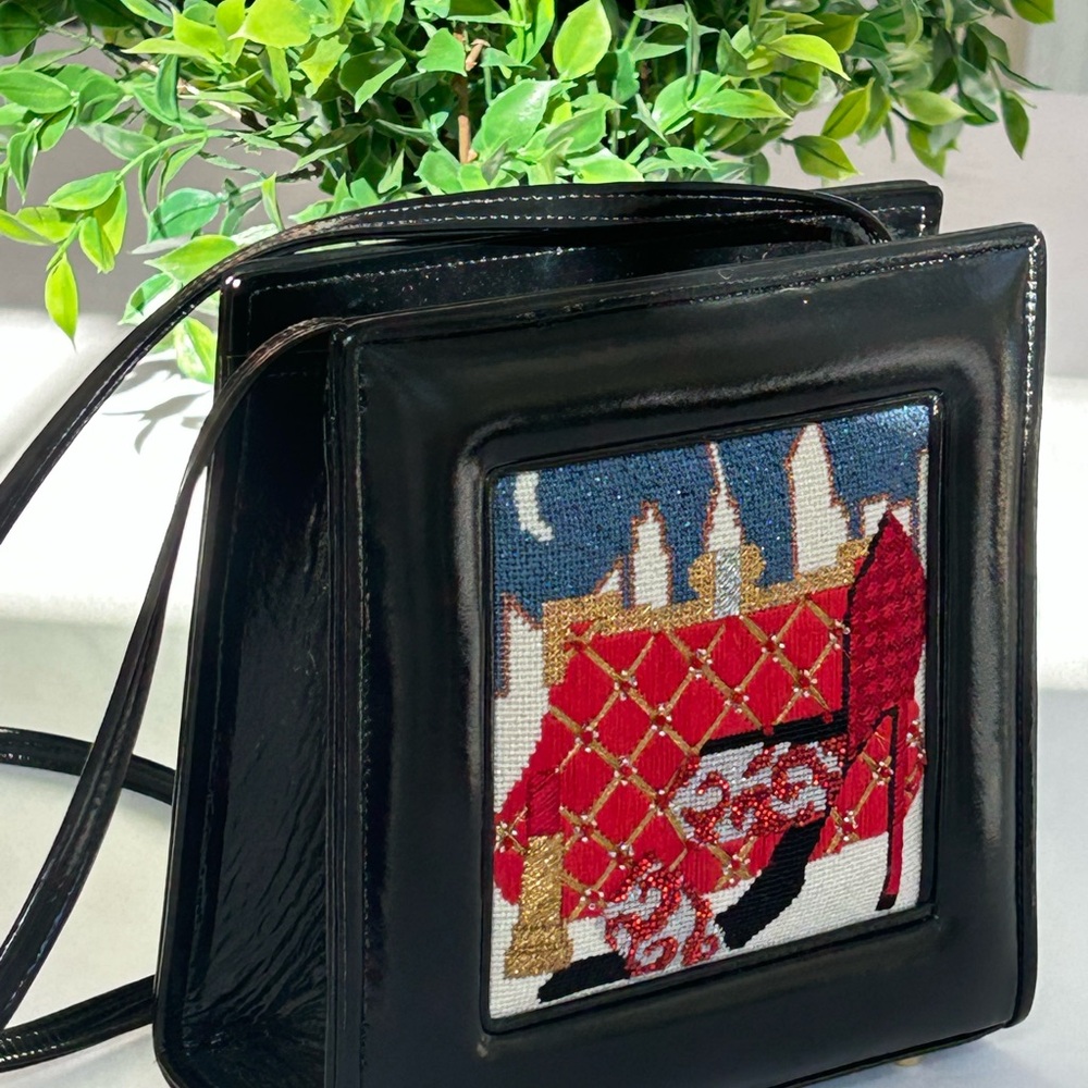 Boutique Black Crossbody Bag with Red Embroidery Embellishments | Faux
Leather